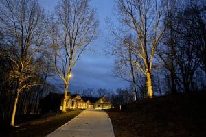 IMG_7029 | LandCo Group Evening view of a house at the end of a lit path, surrounded by tall leafless trees.