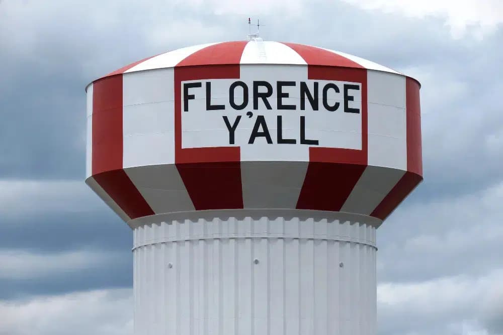 Florence-Kentucky 1 | LandCo Group Water tower with red and white stripes and a sign reading FLORENCE Y'ALL on its side (bright, bold text).