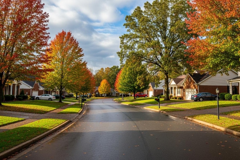 Hebron | LandCo Group Suburban street in autumn with colorful trees, houses, and parked cars on both sides.