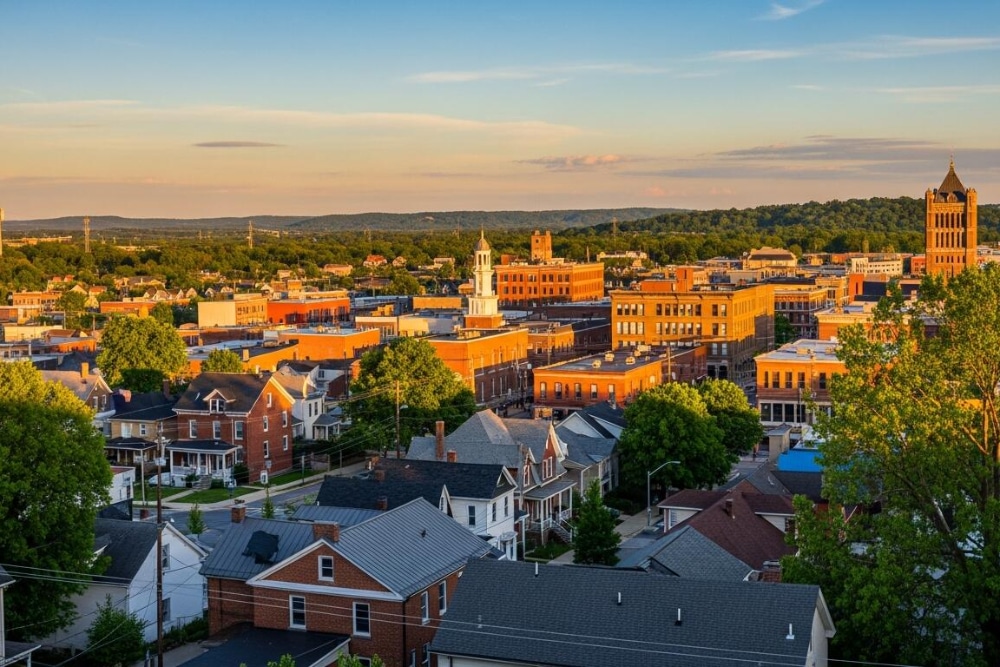 Norwood | LandCo Group Aerial view of a small town at sunset, showing a mix of brick downtown buildings and tree-lined residential streets in the foreground beneath a golden sky.